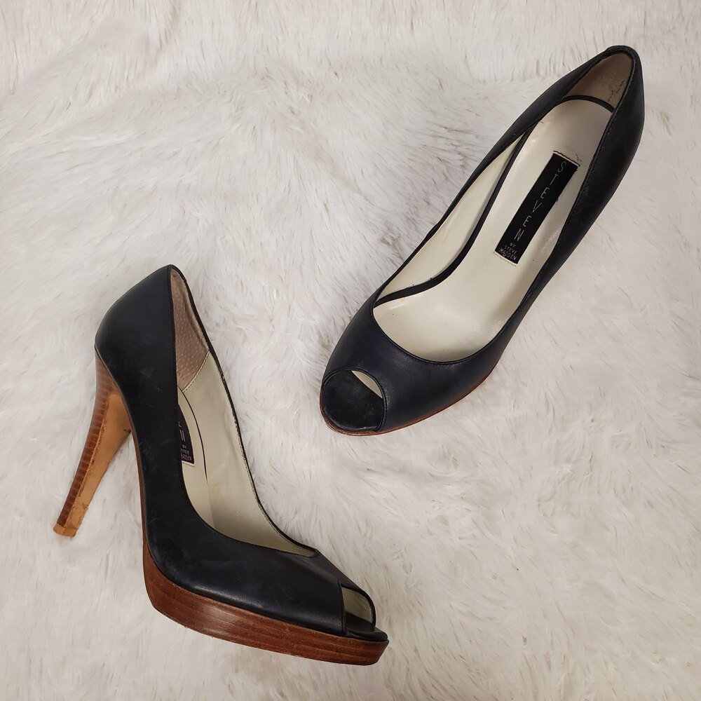 Steve Madden Vintage Lalo Leather Peep Toe Wooden Heels Pumps Black Size 7.5